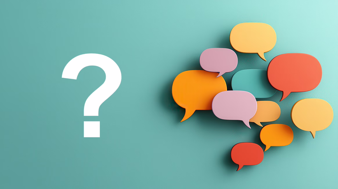Thought bubbles and a question mark on a plain green background